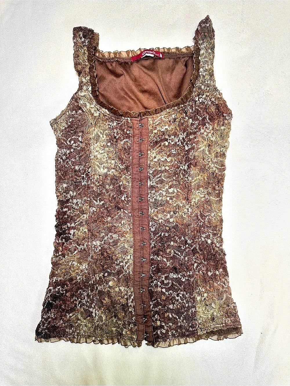 Vintage Y2K Metallic Lace Corset Tank Top Brown Hook & Eye Size 1